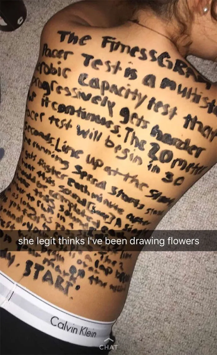 Hilarious Snapchat showing text drawn on a person's back with a funny caption.