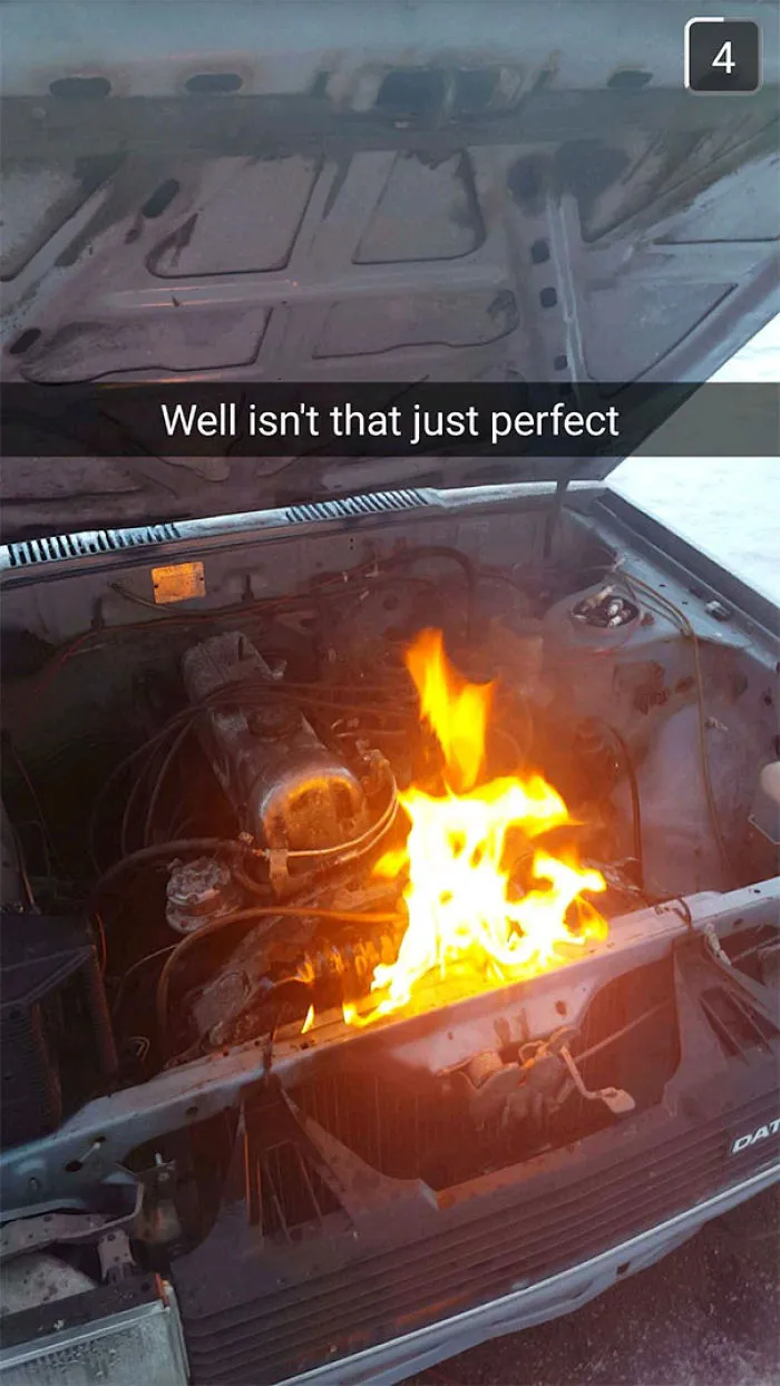 Engine on fire with humorous caption, showcasing a hilarious Snapchat moment.