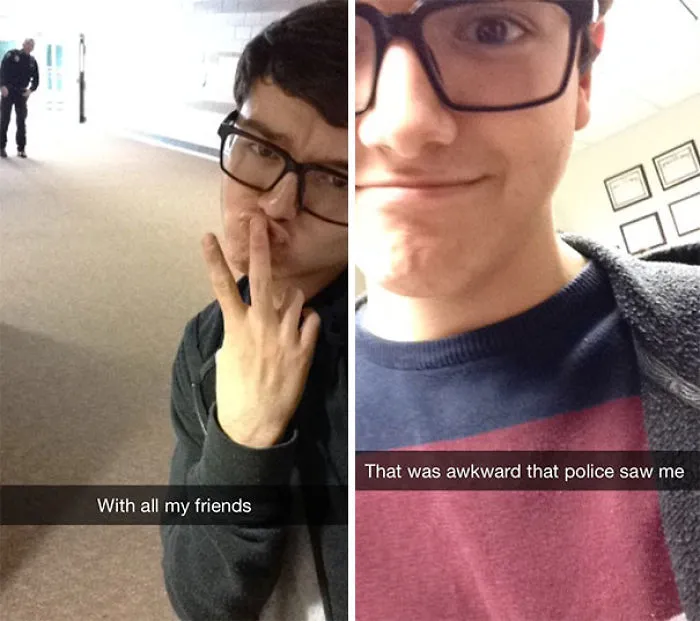Young man with glasses takes a humorous Snapchat selfie joking about being alone, with police in the background.