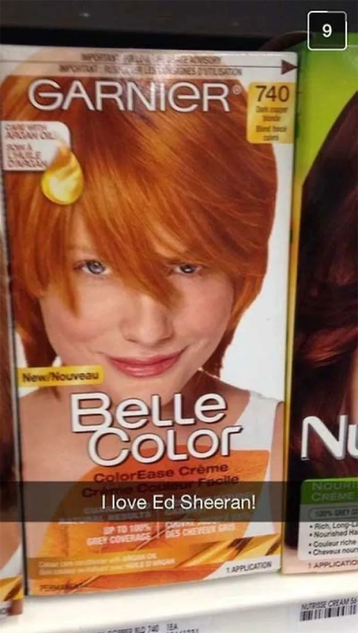 Garnier hair dye box with "I love Ed Sheeran!" text overlay, showcasing hilarious Snapchats.