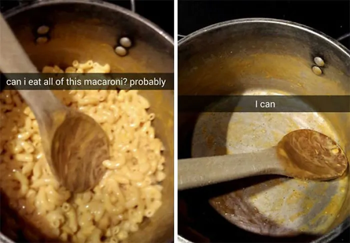 Empty pot after eating macaroni, with funny Snapchat text overlay.