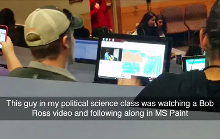 Student in class watching Bob Ross video and painting in MS Paint, captured in a hilarious Snapchat moment.