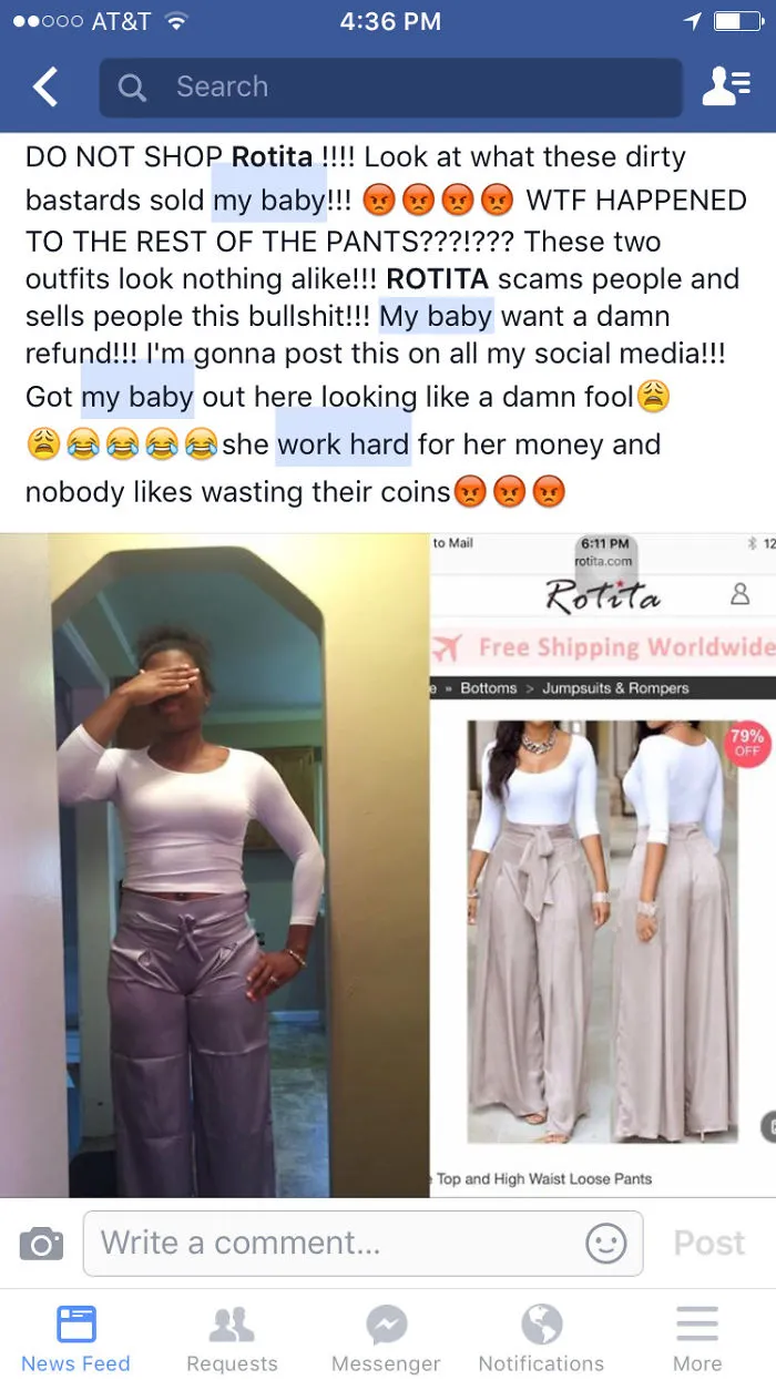 Person showing disappointment with online outfit purchase compared to advertised product.