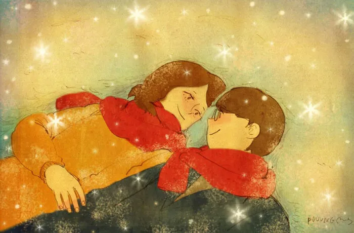 Just Laying On A Freshly Fallen Snow, Looking At Each Other