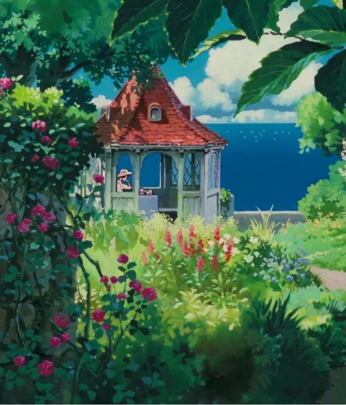 Studio Ghibli garden scene with colorful flowers and a seaside gazebo.