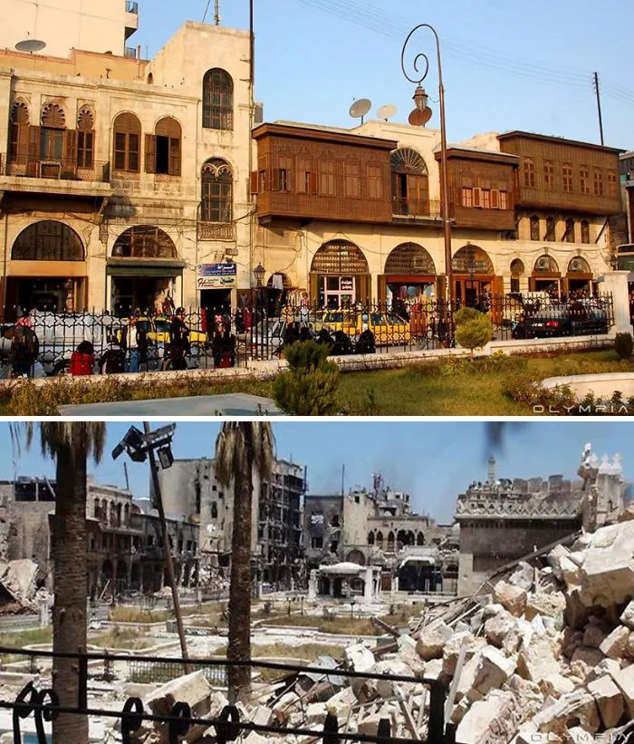 Before-and-after images reveal war impact on Syria's largest city, showing a vibrant street scene contrasted with rubble and destruction.