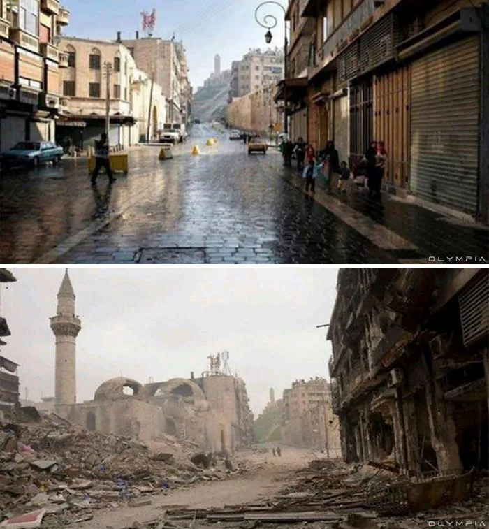 Before-and-after photos of war impact on Syria’s largest city, showing a bustling street transformed into ruins.