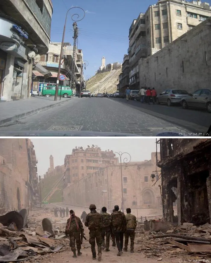Before and after images showing war's impact on Syria's largest city.