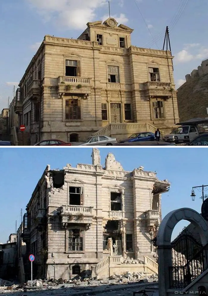 Before and after of a historical building in Syria's largest city, showing war damage and destruction.