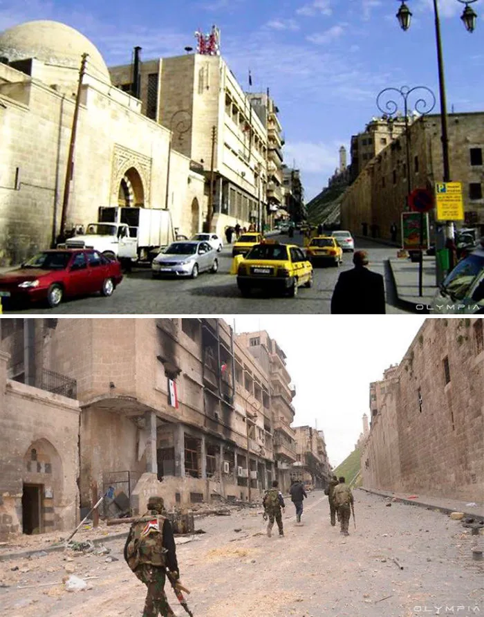 Before-and-after photos showing urban destruction in the largest city in Syria due to war.