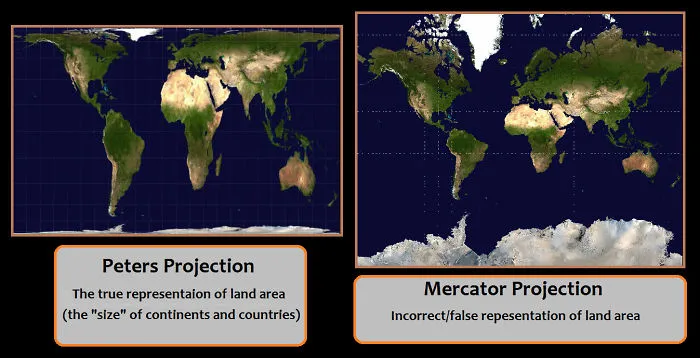 Comparison of Peters and Mercator projections showing the true size of countries.