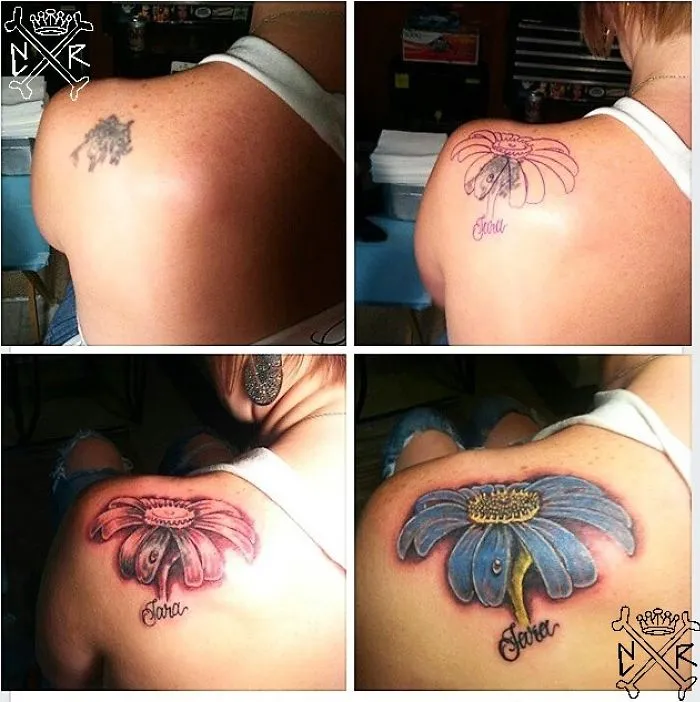 Cover-up tattoo transforming old design into colorful flower on shoulder.