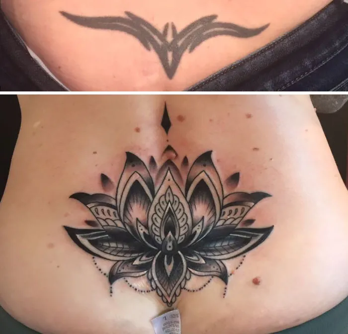 Cover-up tattoo transforming old design into intricate black and grey lotus artwork on lower back.