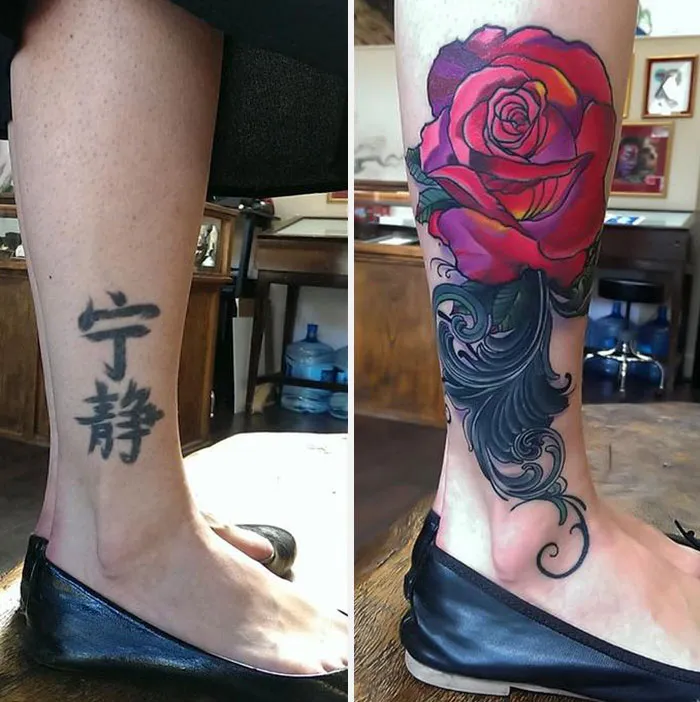 Leg with a bad tattoo covered up by a vibrant rose design, demonstrating creative cover-up tattoo ideas.