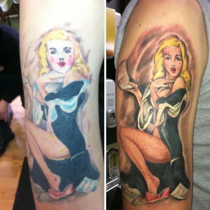 Creative cover-up tattoo transformation showcasing improved vivid art of a pin-up girl on an arm.