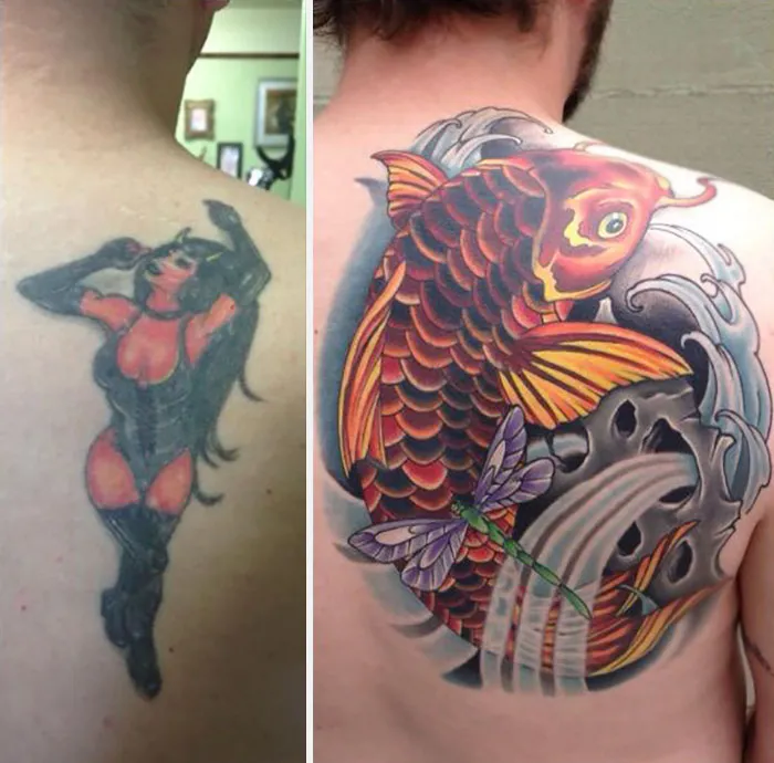 Creative cover-up tattoo showing transformation from a figure to a colorful koi fish and dragonfly design.