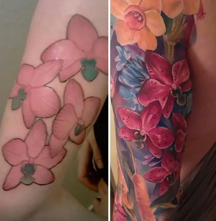 Creative cover-up tattoo transforming faded pink flowers into vibrant floral art on arm.