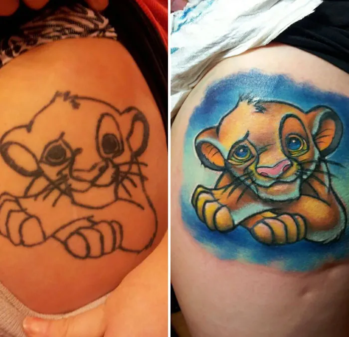 Creative cover-up tattoo transforming a simple black outline of a cartoon lion into a vibrant, colorful design.