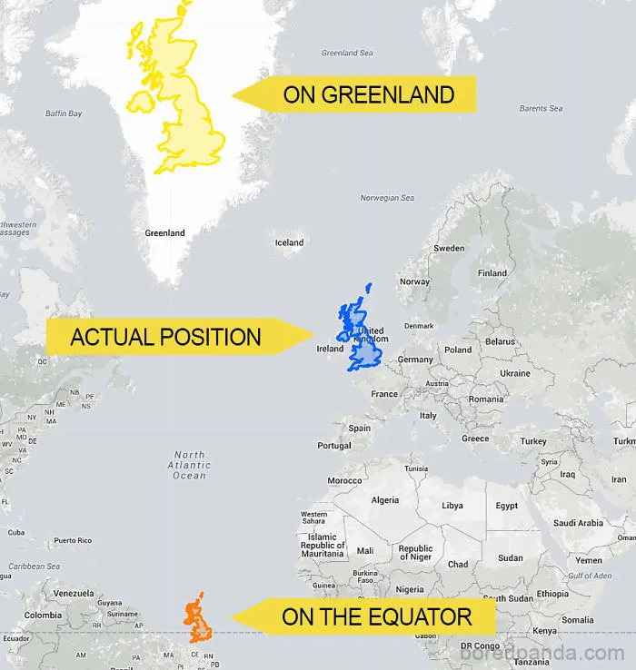 Map showing the true size of the UK compared to Greenland and the Equator, highlighting the distortion in world maps.