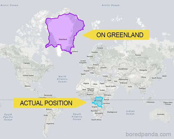 Map comparing true country sizes: Congo overlay on Greenland.