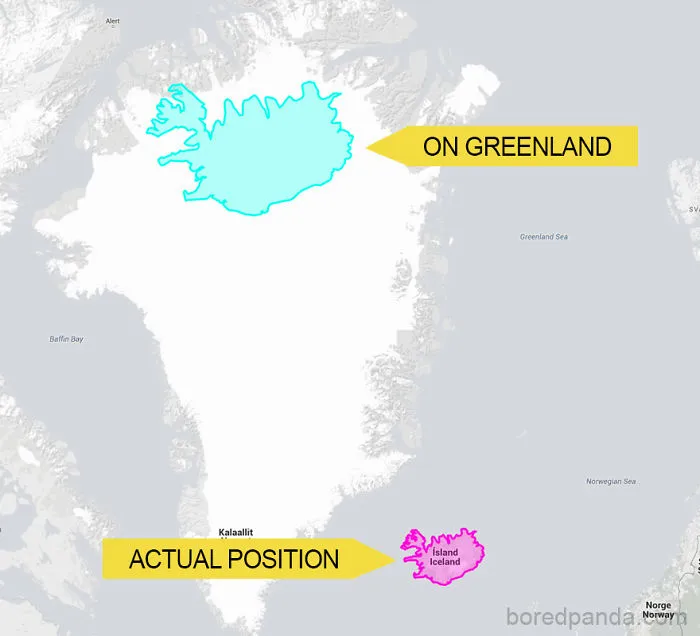 Map showing true size of Iceland compared to Greenland, highlighting size discrepancies on world maps.