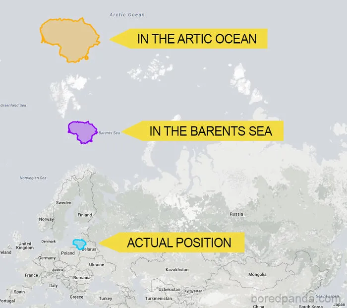 Map illustrating the true size and position of a country compared to its displacement in the Arctic and Barents Sea.