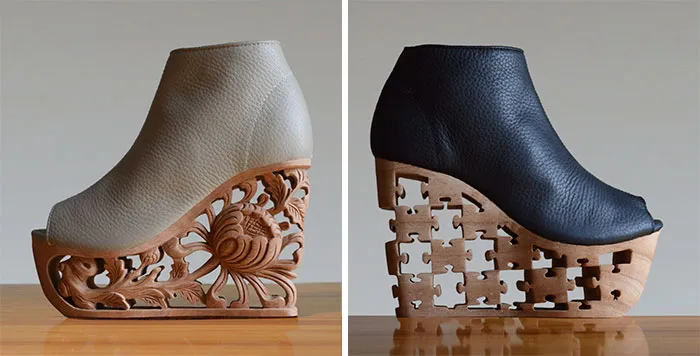 Beautifully Detailed Wooden Heels Carved Using Ancient Vietnamese Pagoda Techniques