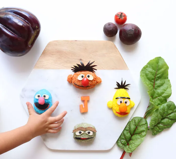 Ernie, Bert, Oscar The Grouch & Grover. Sticky Rice Balls Stuffed With Shredded Lamb, Peas, Spinach And Carrots
