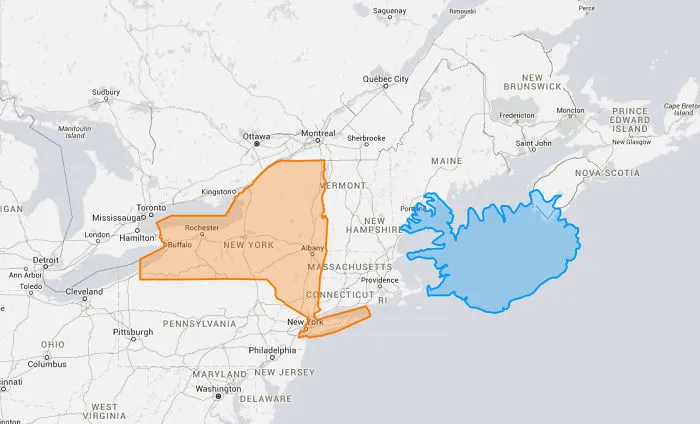 Comparison map showing the true size of New York in orange and Iceland in blue.