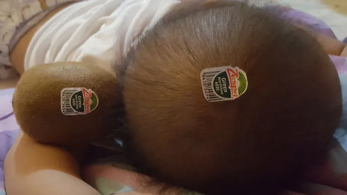 Baby and kiwi with matching fruit stickers showing kids left alone humor