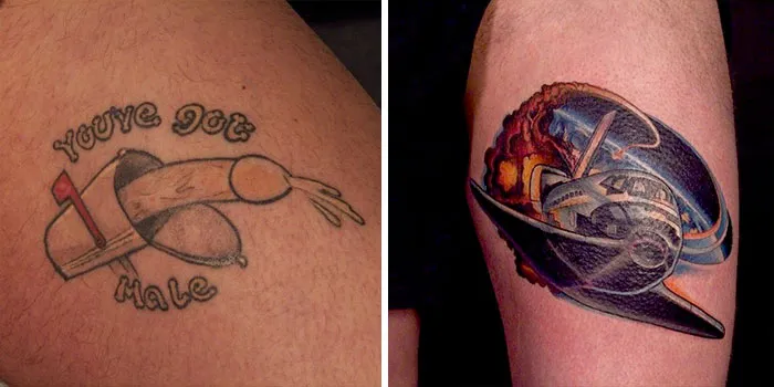 Creative cover-up tattoo transforming old design into vibrant new art with intricate details.