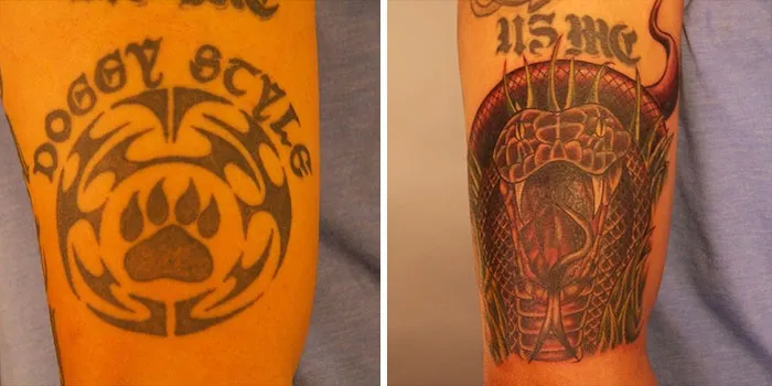 Creative cover-up tattoo transforming a tribal design into a detailed snake illustration.