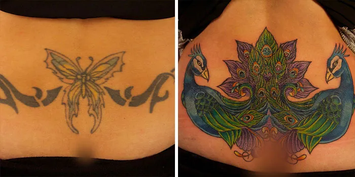 Creative cover-up tattoo transforming a butterfly into vibrant peacocks.