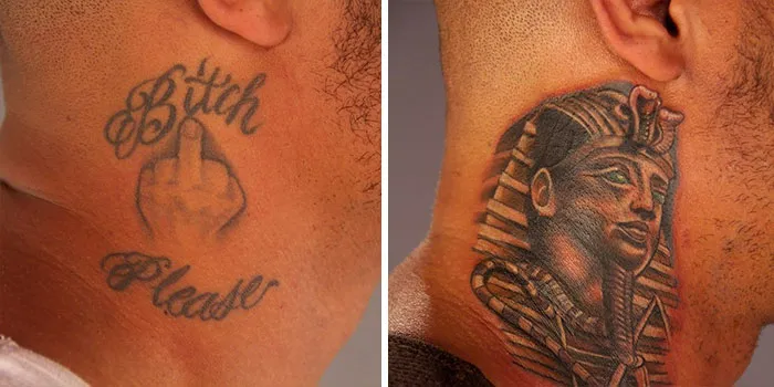 Neck cover-up tattoo transforming offensive text into an Egyptian pharaoh design, showcasing creative tattoo ideas.