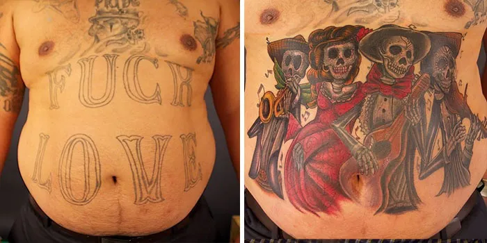 Before and after cover-up tattoo showing creative transformation from text to colorful skeleton band design.