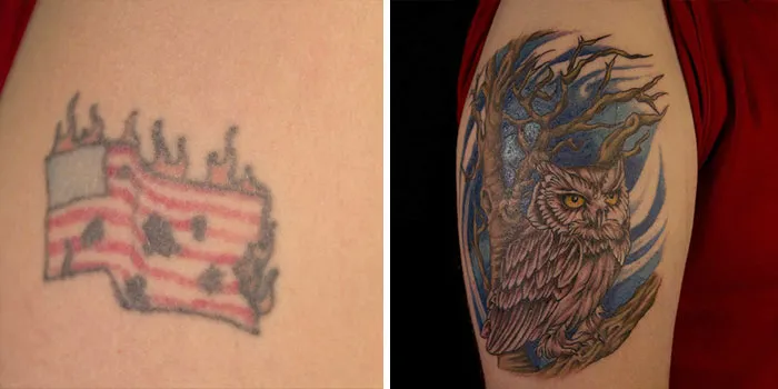 Creative cover-up tattoo transforming a faded flag into an intricate owl design on the upper arm.