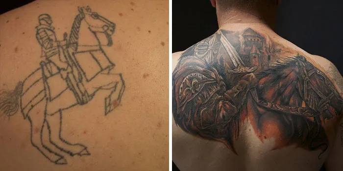 Cover-up tattoo transforming a simple horse sketch into a detailed knight and horse design, showcasing creative tattoo ideas.