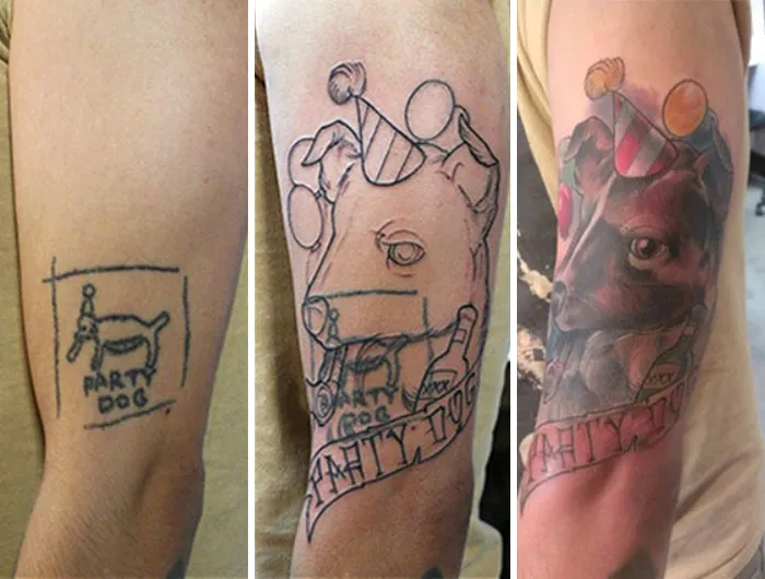 Creative cover-up tattoo transforming a simple dog sketch into a colorful, detailed party dog design.