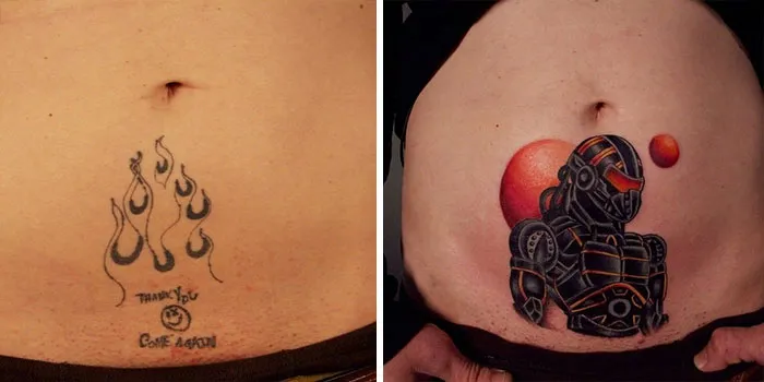 Cover-up tattoo featuring a vibrant robot design transforming an old flame tattoo on the stomach.