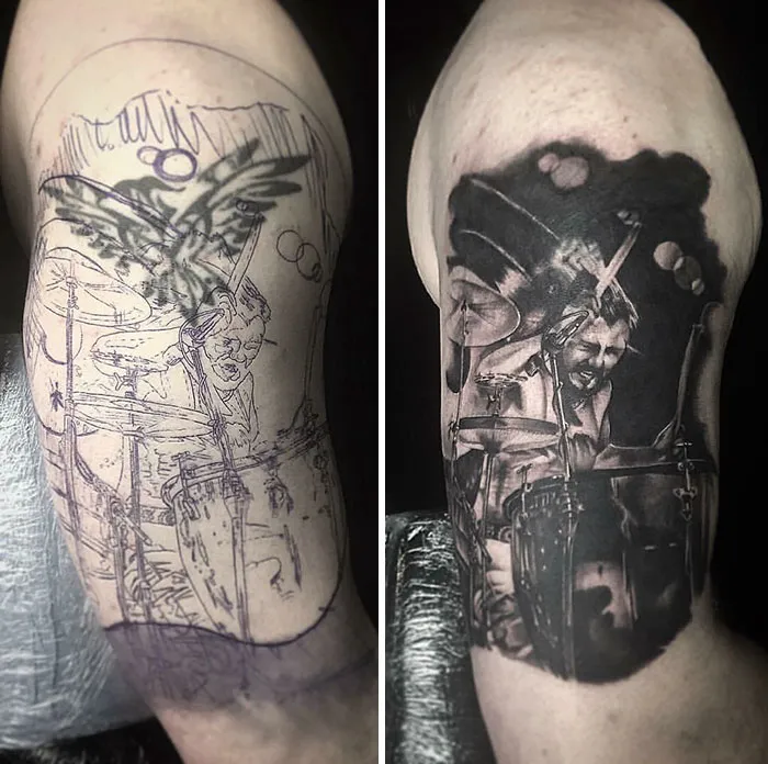 Cover-up tattoo idea featuring a drummer design, transforming an initial sketch into a detailed, lifelike portrait.