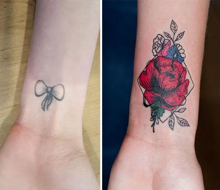 Cover-up tattoo transforming a bow into a colorful floral design on a wrist.