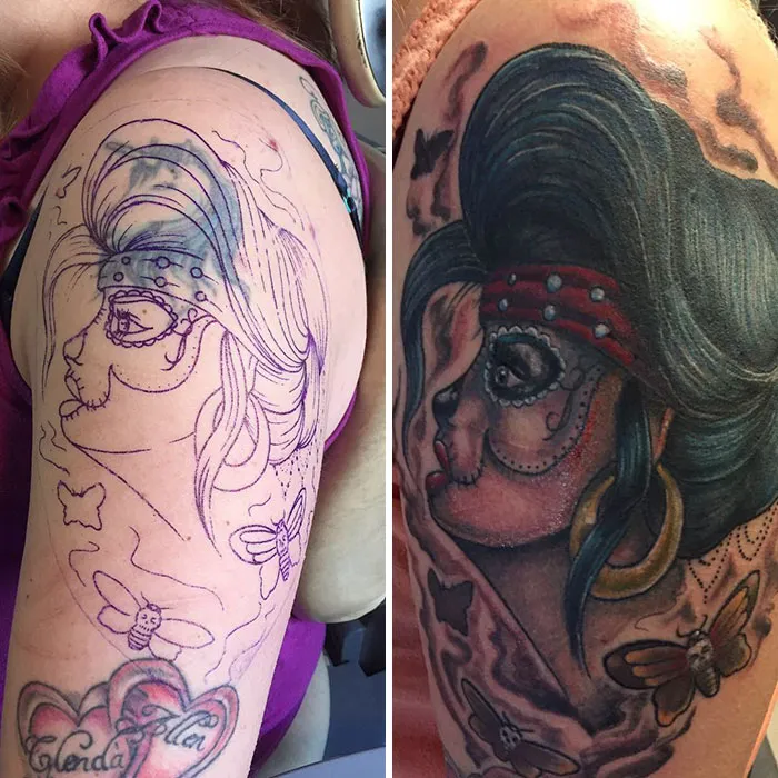 Creative cover-up tattoo transforming an unfinished sketch of a woman into a vibrant, detailed design on the arm.
