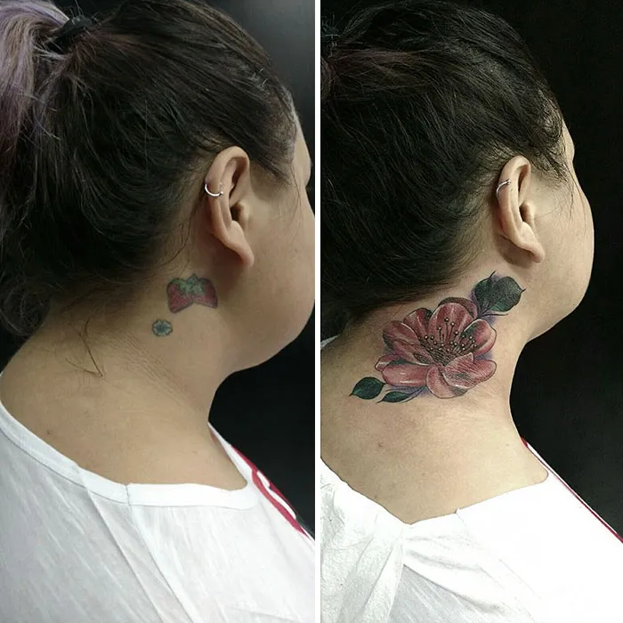 Neck cover-up tattoo: old small design replaced by a vibrant pink flower.