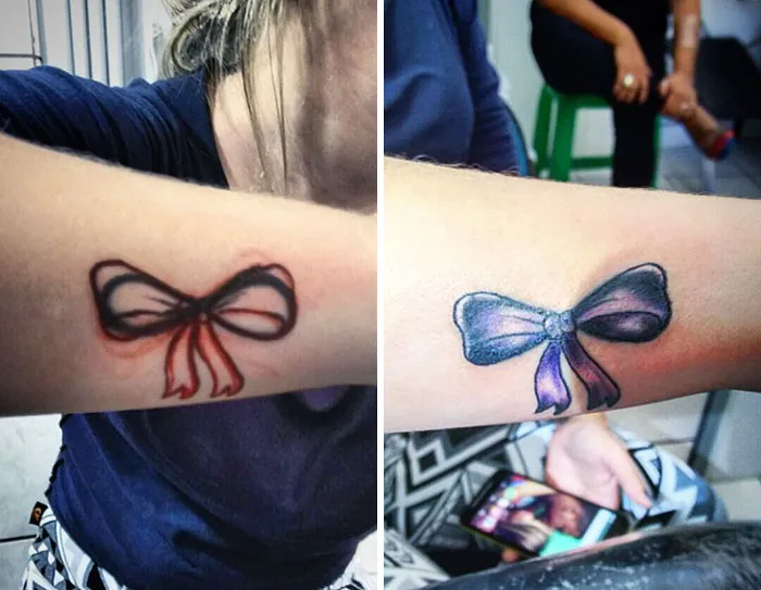 Creative cover-up tattoo transforming a simple red bow into a detailed purple design on a woman's arm.