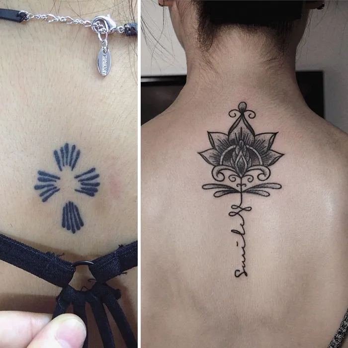 Before and after of creative cover-up tattoo, transforming a simple design into an intricate floral pattern.