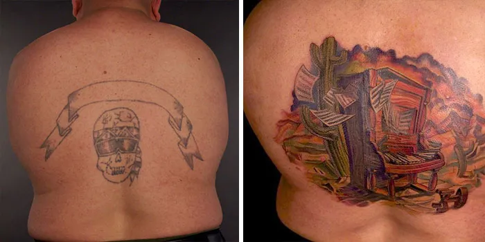Creative cover-up tattoo transforming a skull into a vibrant desert scene with cacti and a piano.
