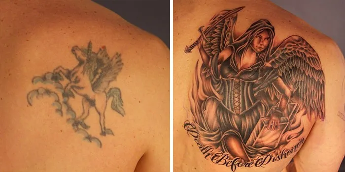 Creative cover-up tattoo transforming a faded pegasus into a detailed angel design with "Death Before Dishonor" text.