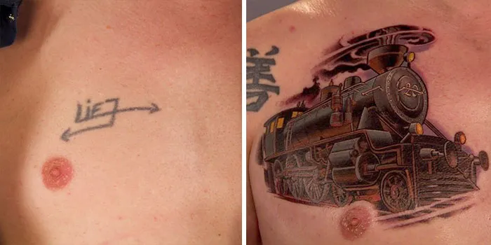 Cover-up tattoo idea transforming old lettering into a detailed steam train design on the chest.