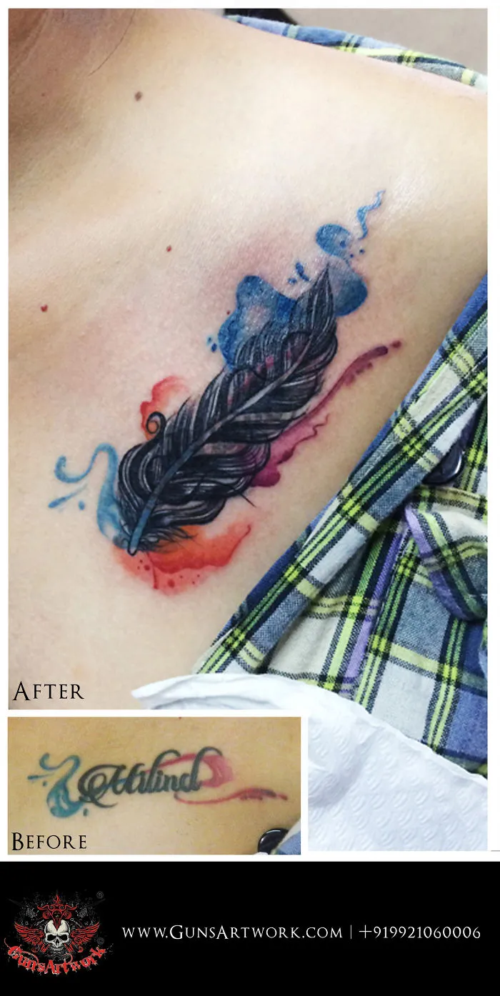 Creative cover-up tattoo of a feather with blue and red ink on a shoulder, transforming an old lettering tattoo.