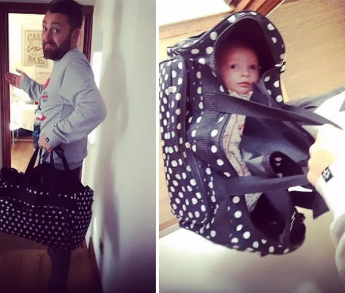 Dad carrying baby in polka dot bag for kids safety reasons